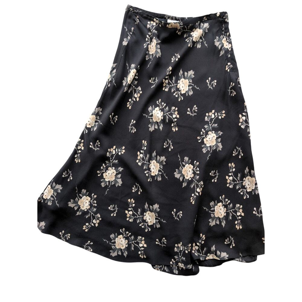 Vintage Valerie Stevens 100% Silk Floral Midi Skirt Black Made Korea size 8 - Picture 2 of 4
